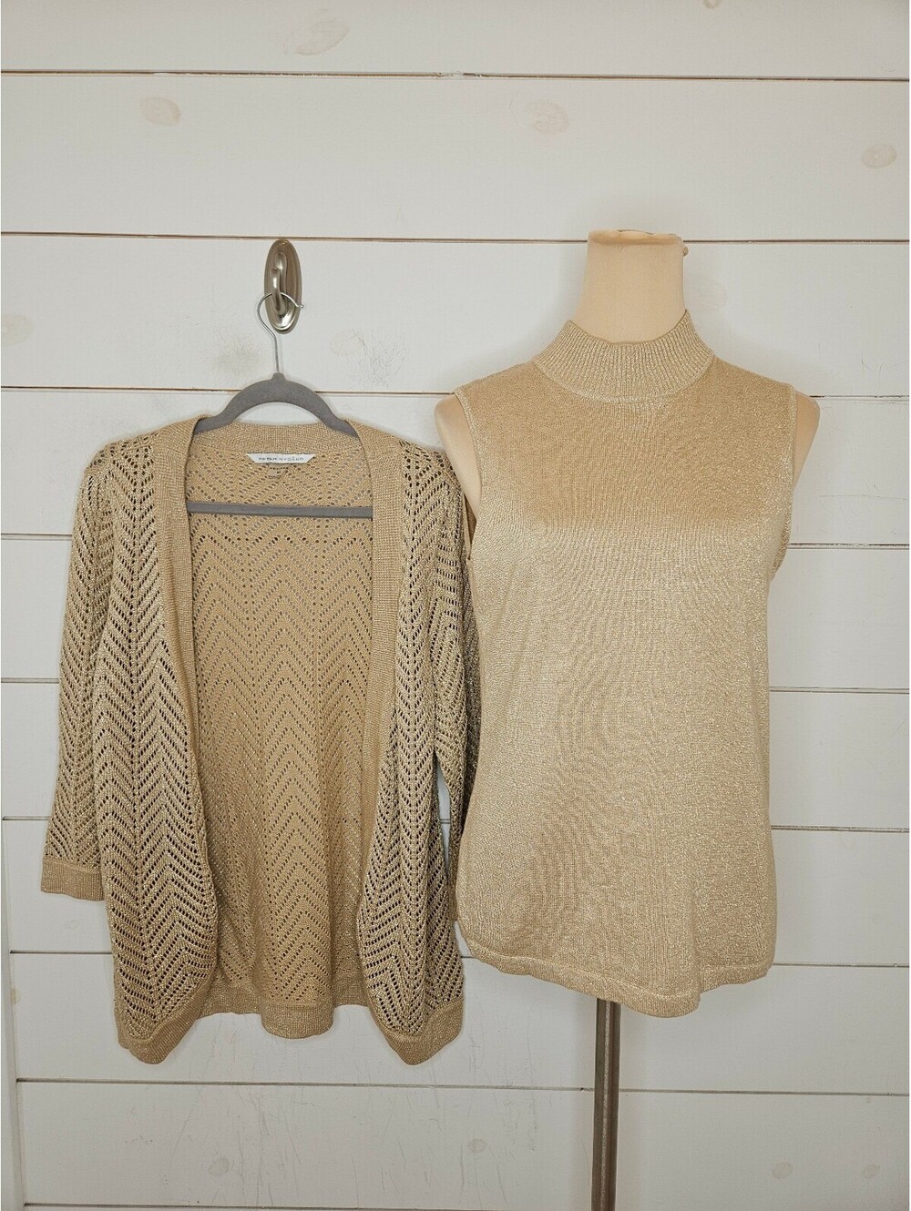 Vintage Peter Nygard medium petite tan with gold threading matching cardigan set